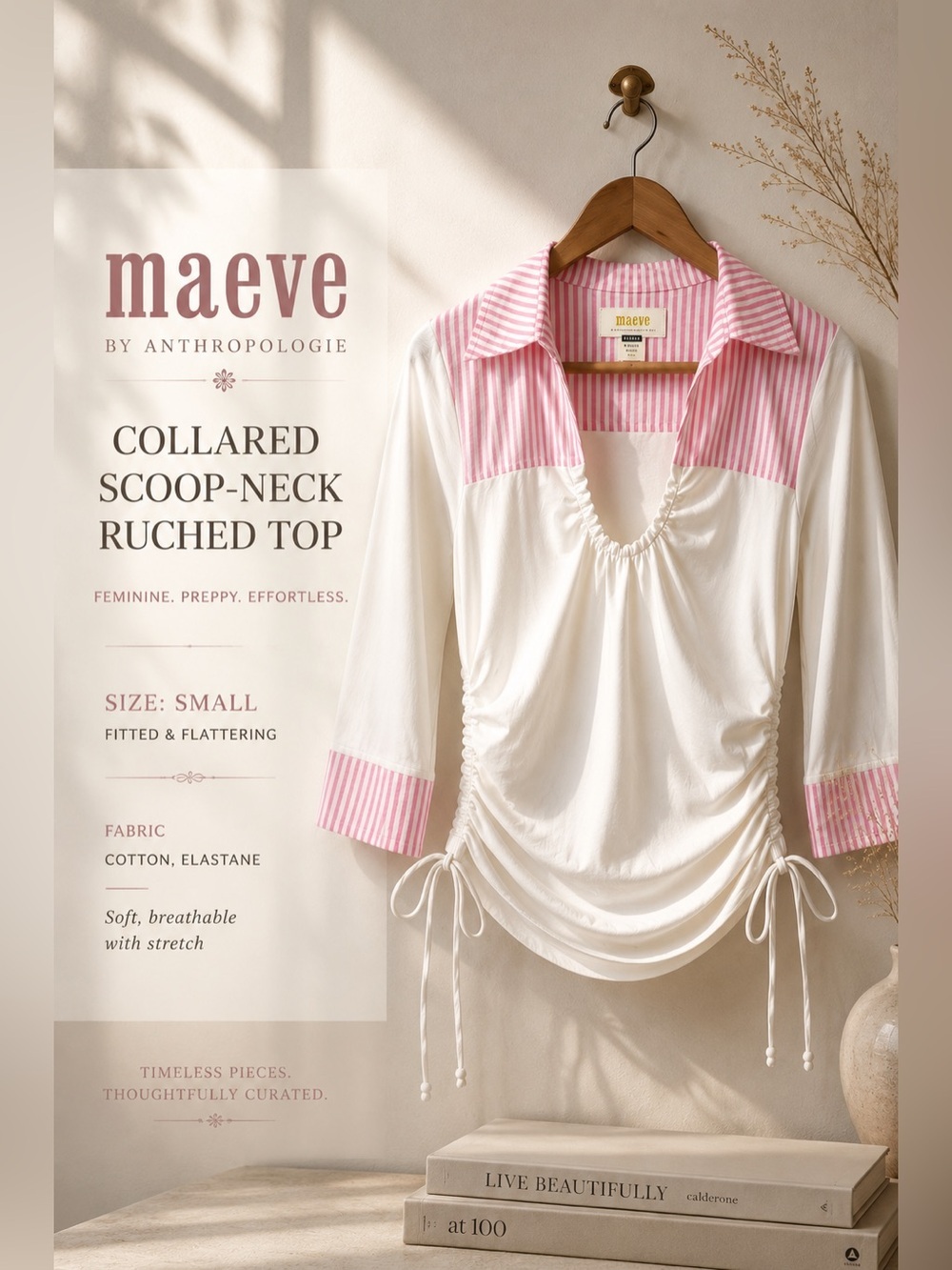 Maeve by Anthropologie Collared Scoop-Neck Ruched Top Pink Stripe Small